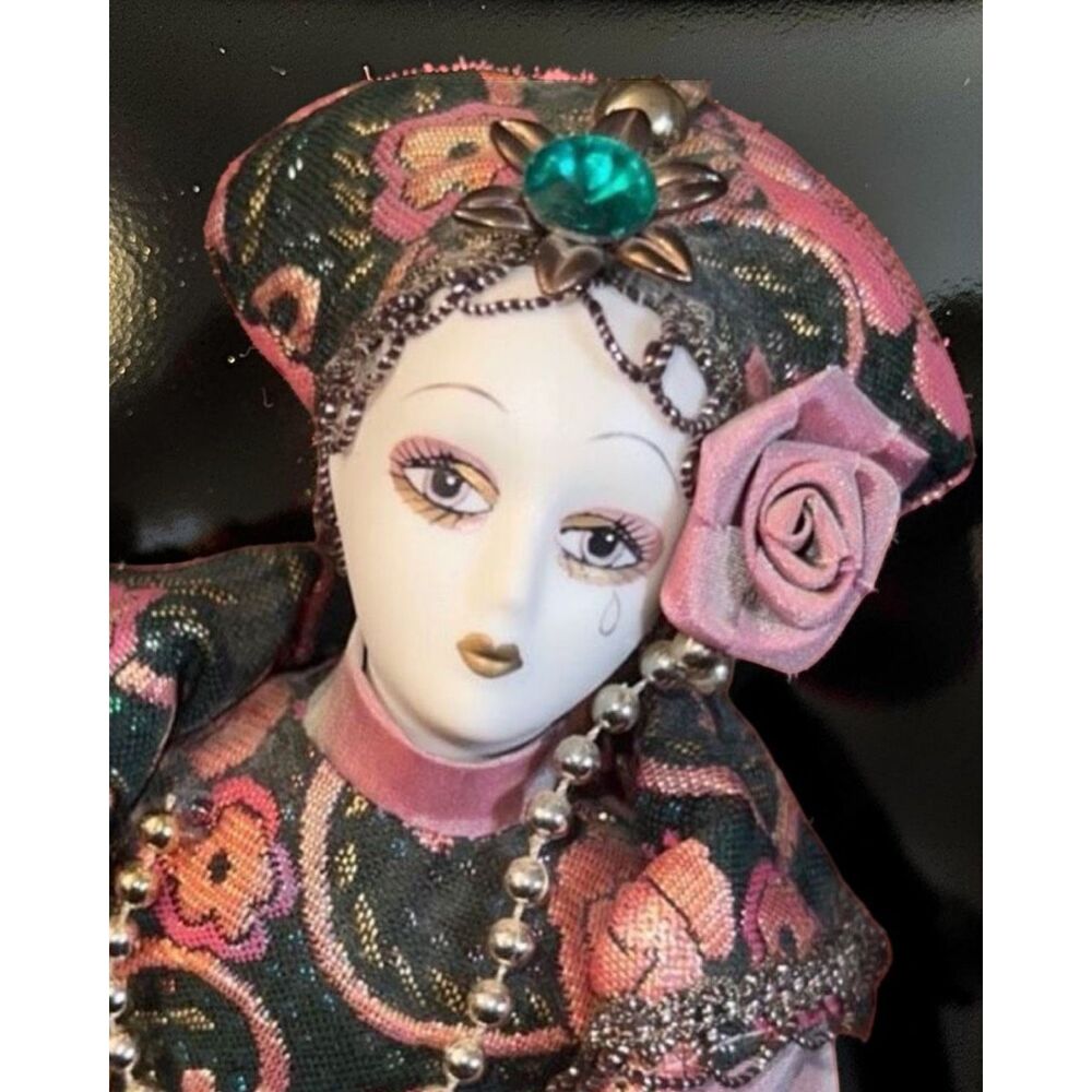 Harlequin Porcelain Clown Jester Doll Hands Feet Hand Painted Art W/ Stands 18" - Picture 4 of 4